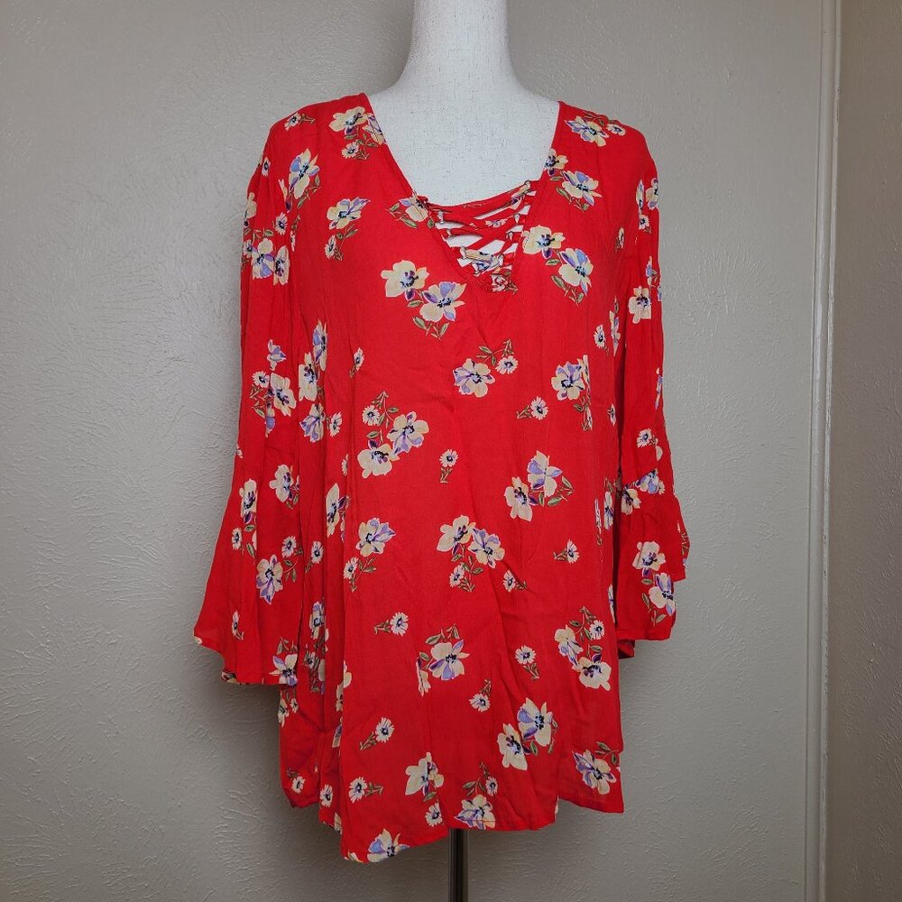 Democracy Womens Long Sleeves Top Blouse Red Floral Size L A596A